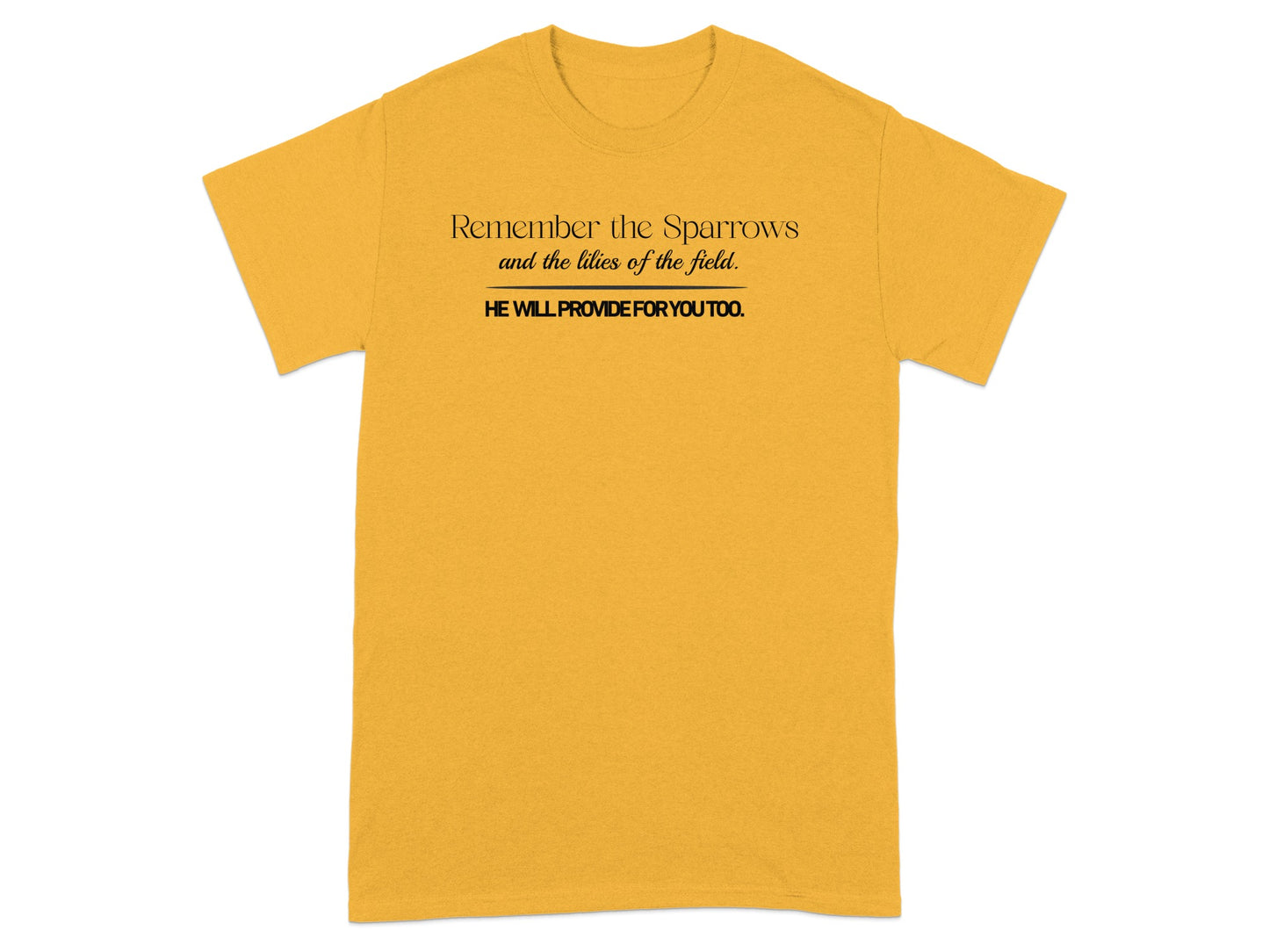 Yellow t-shirt with "Remember the Sparrows" and Bible verse text.