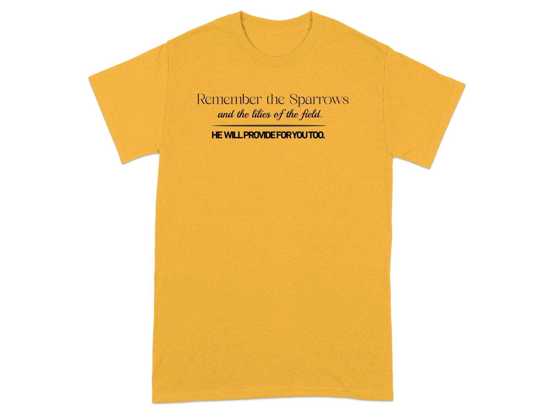 Yellow t-shirt with "Remember the Sparrows" and Bible verse text.
