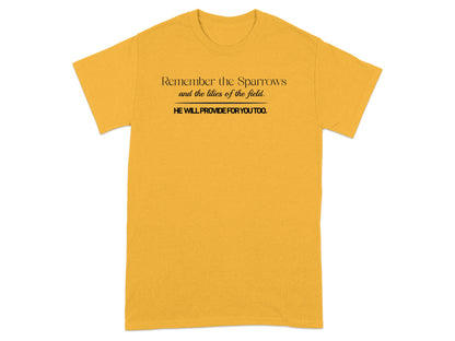 Yellow t-shirt with "Remember the Sparrows" and Bible verse text.