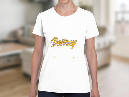 White t-shirt with "Destroy" text in orange and yellow lettering.