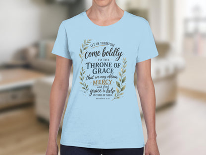 Light blue t-shirt with "Come boldly to the Throne of Grace" Bible verse.