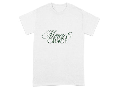 White t-shirt with "Mercy & Grace" text in green cursive.