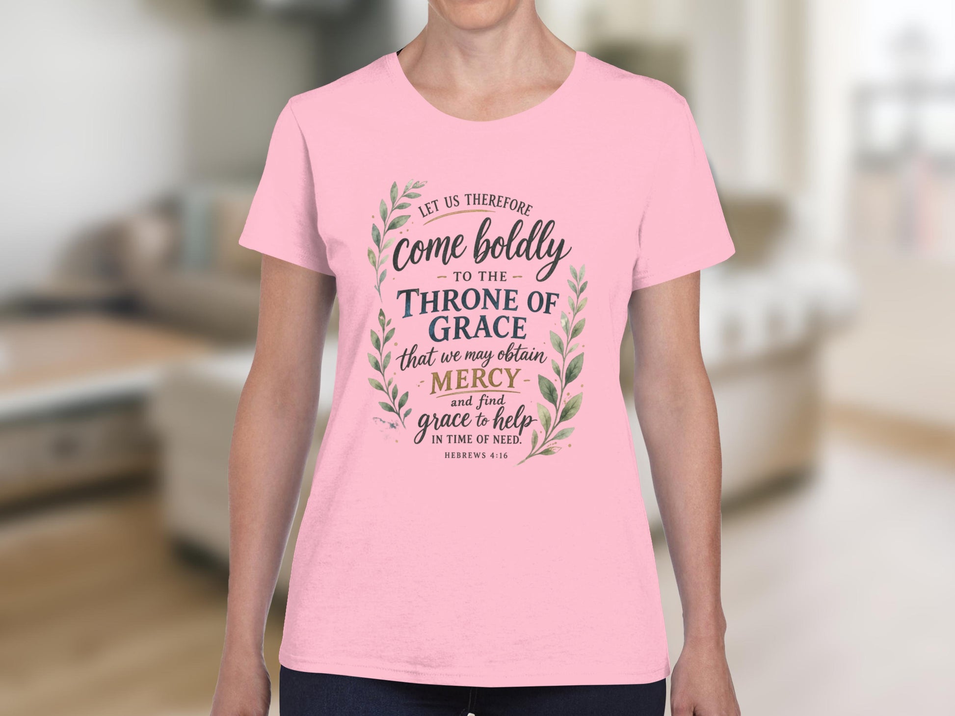 Pink t-shirt with Hebrews 4:16 Bible verse: "Let us therefore come boldly to the throne of grace..."