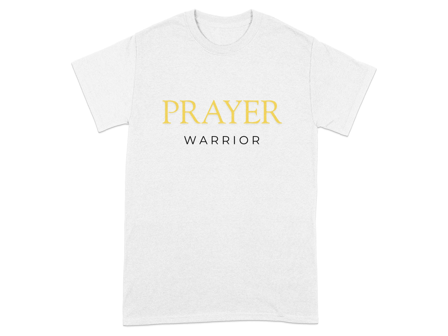 White t-shirt with gold "PRAYER" and black "WARRIOR" text.
