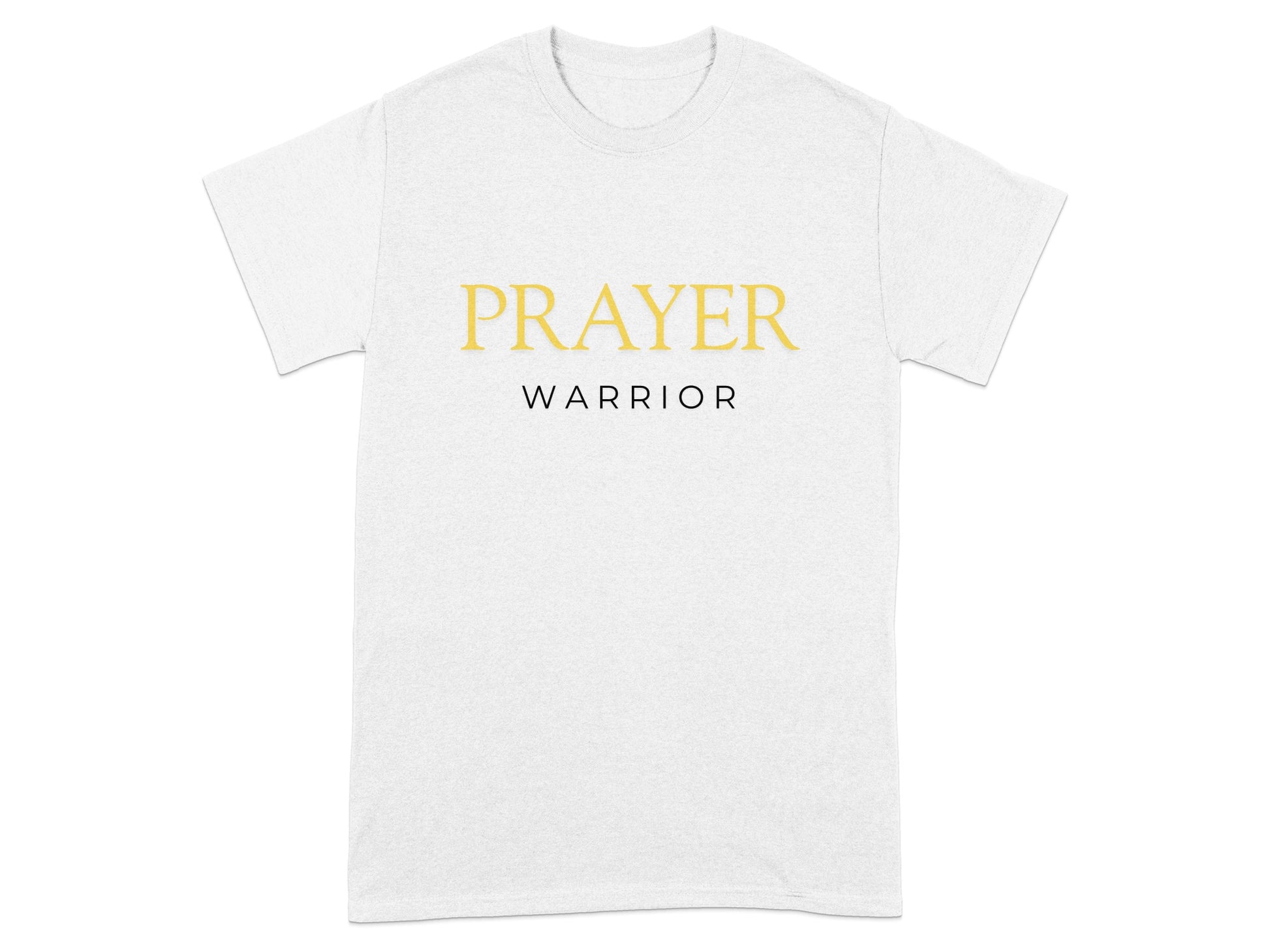 White t-shirt with gold "PRAYER" and black "WARRIOR" text.