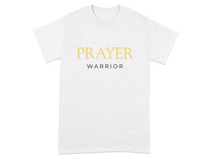 White t-shirt with gold "PRAYER" and black "WARRIOR" text.