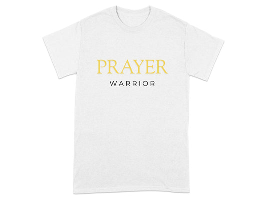 White t-shirt with gold "PRAYER" and black "WARRIOR" text.