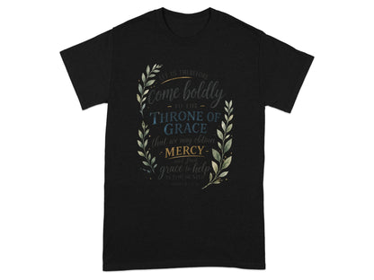 Black t-shirt with "Come boldly to the Throne of Grace" text from Hebrews 4:16.