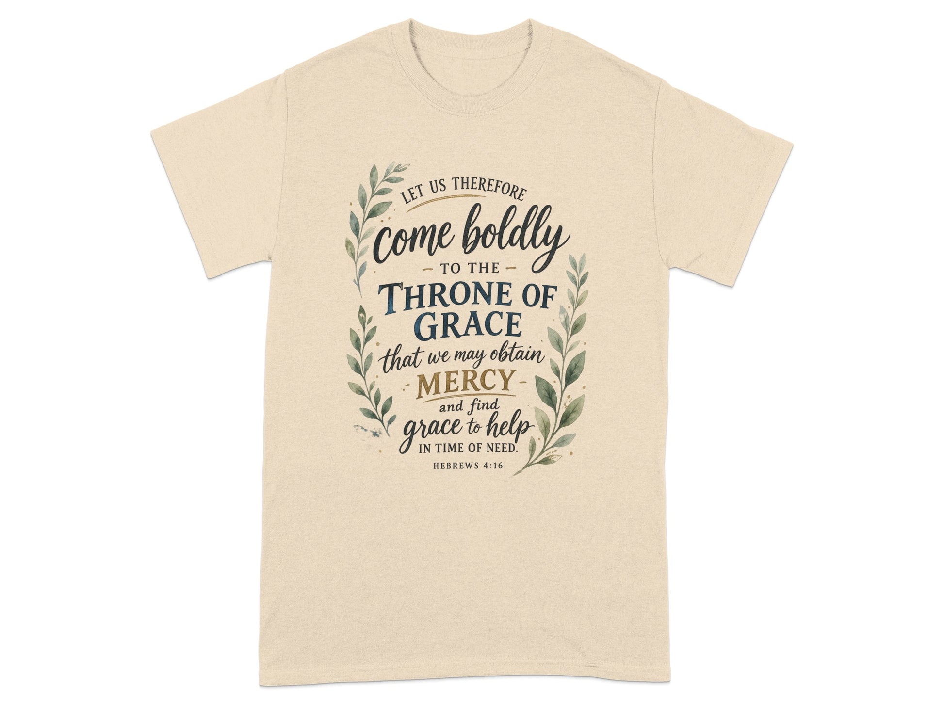 T-shirt with "Come boldly to the Throne of Grace" biblical verse.