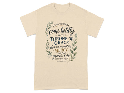 T-shirt with "Come boldly to the Throne of Grace" biblical verse.