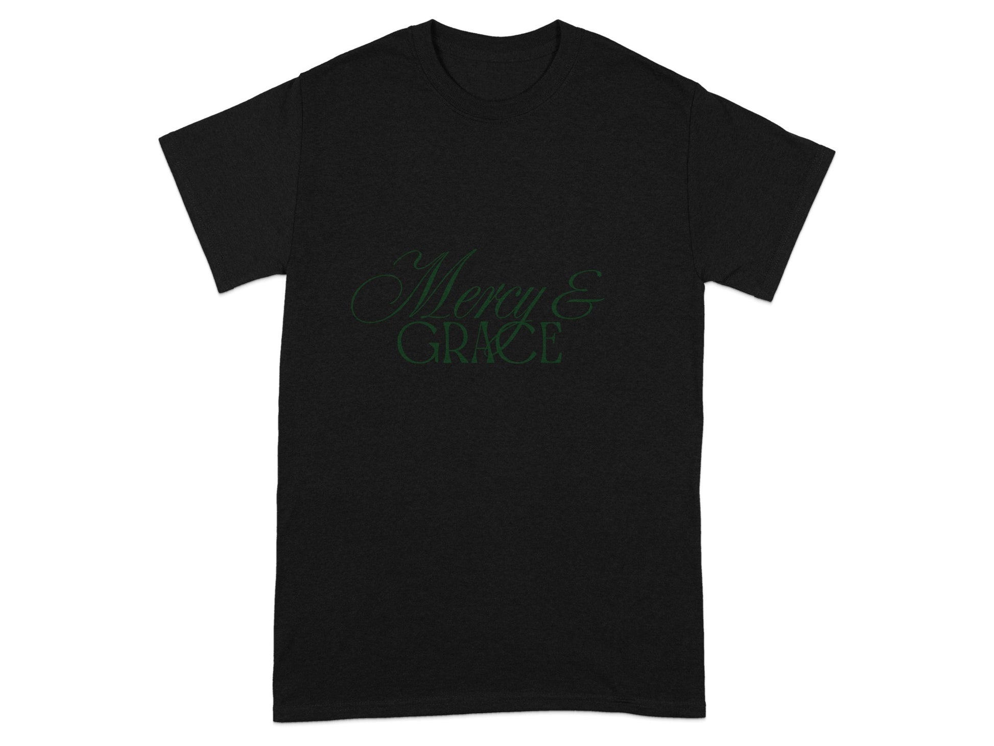 Black t-shirt with "Mercy & Grace" text in elegant green script.