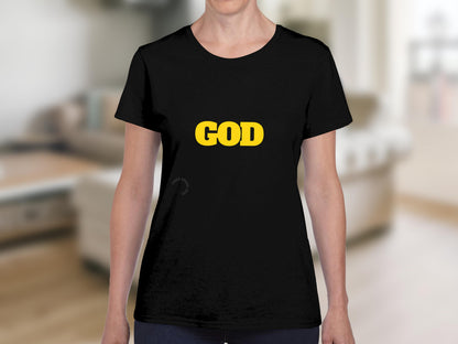 Black t-shirt with "GOD" in large yellow text across the chest.