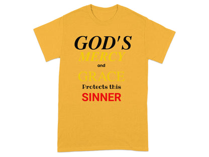 Yellow t-shirt with "GOD'S MERCY and GRACE Protects this SINNER" text.