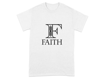 White t-shirt with black "FAITH" text and ornate letter F logo.