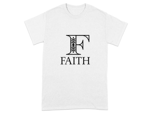 White t-shirt with black "FAITH" text and ornate letter F logo.