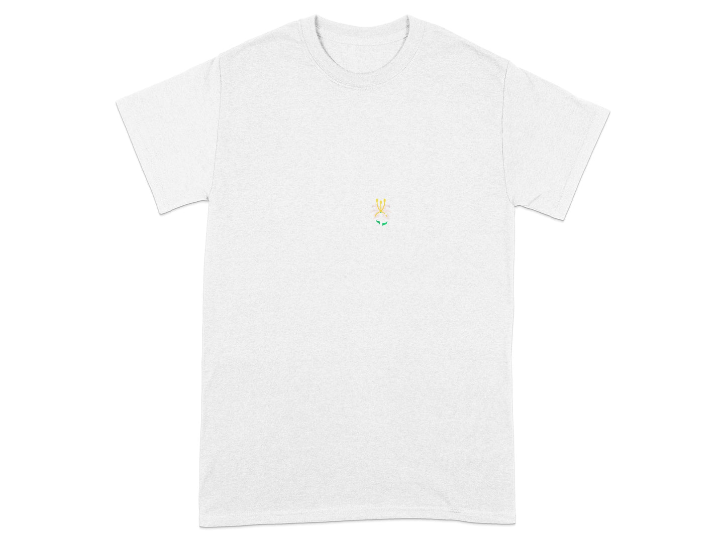 White t-shirt with small embroidered colorful flower on chest.