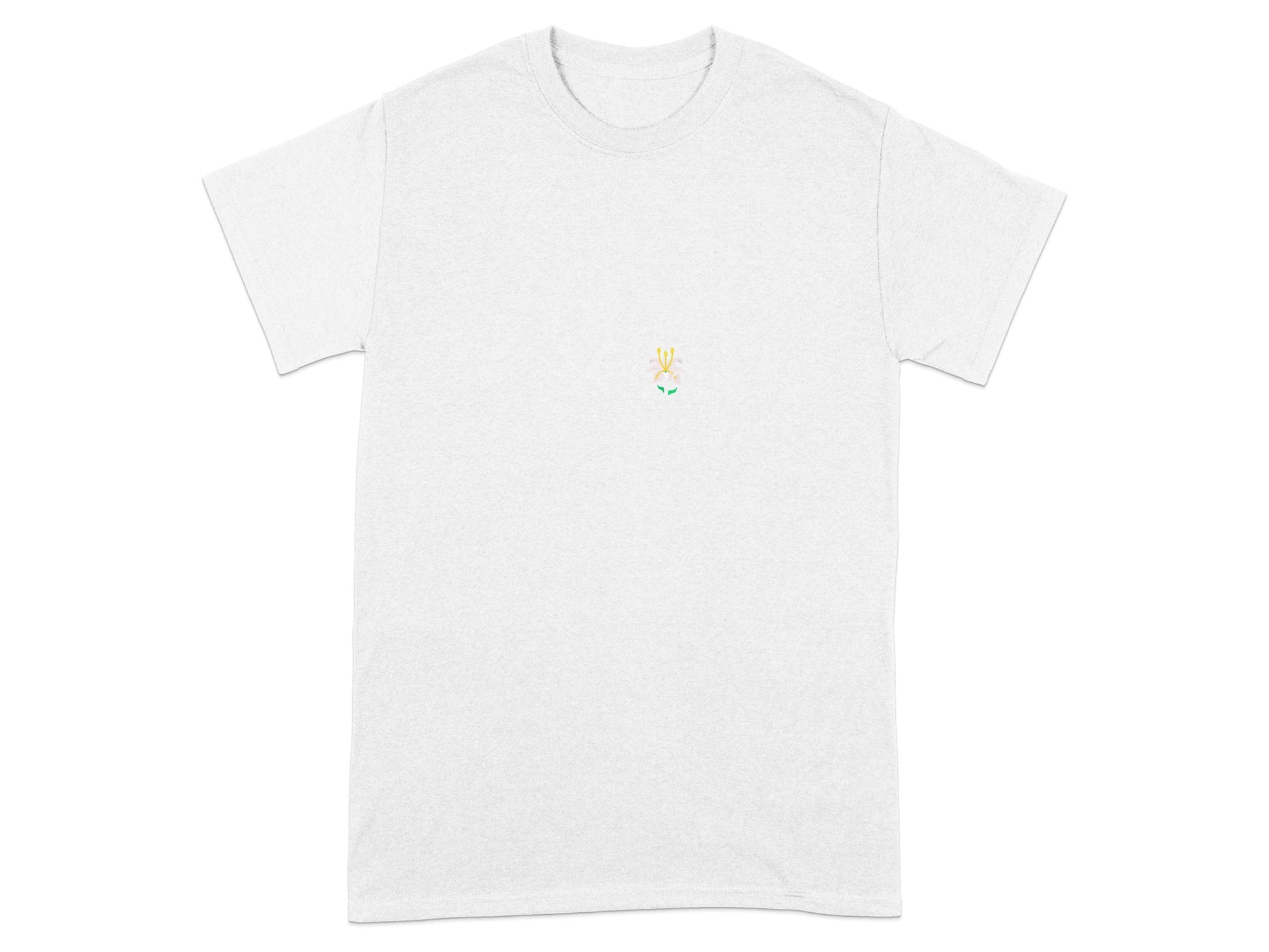 White t-shirt with small embroidered colorful flower on chest.