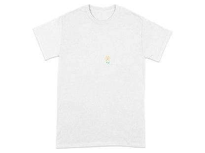 White t-shirt with small embroidered colorful flower on chest.