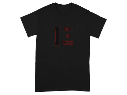 Black t-shirt with red text "ASK IN FAITH" in stylized font.