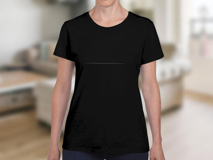 Black short-sleeve t-shirt on a mannequin against a blurred background.