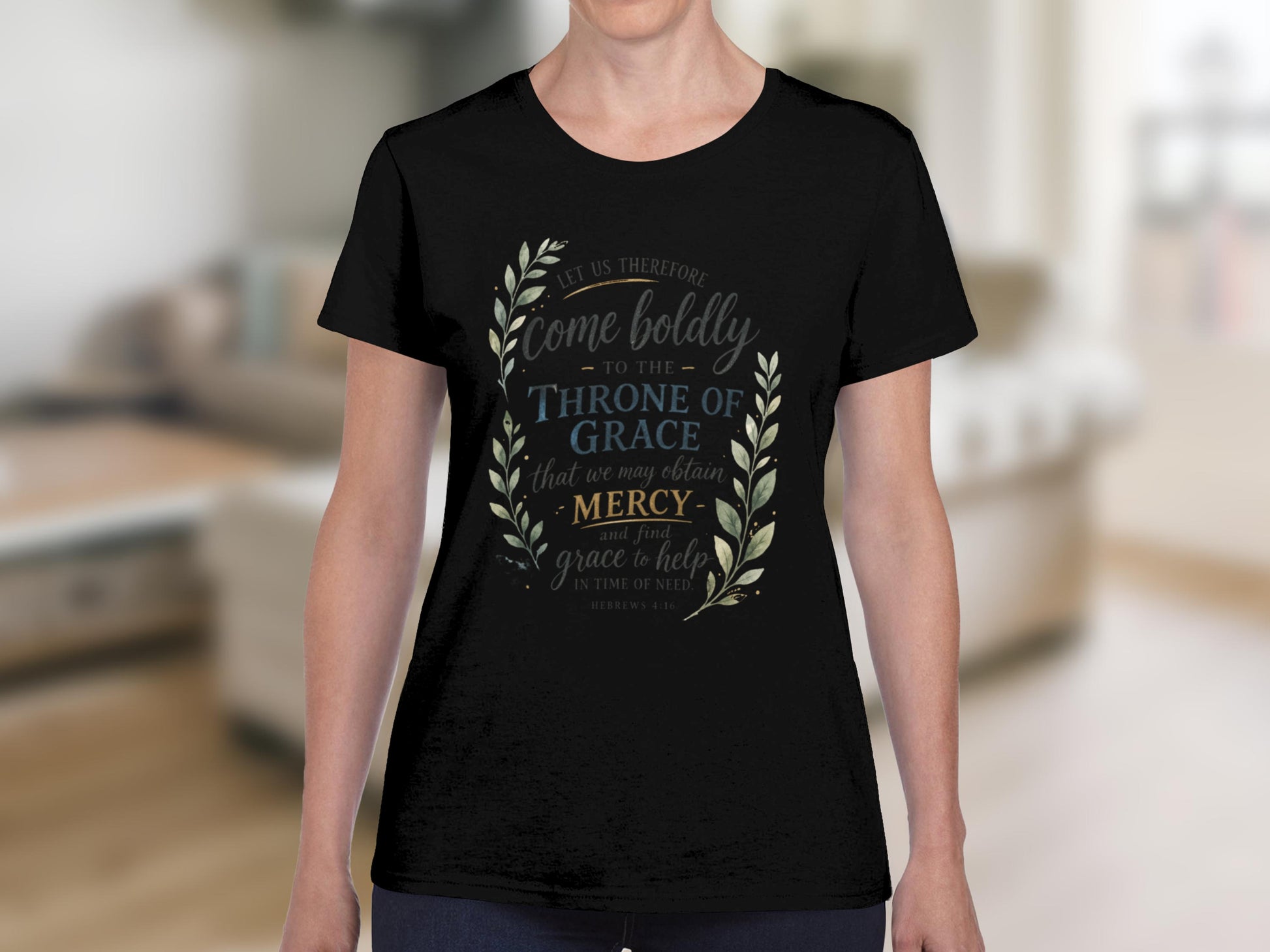 Black t-shirt with "Come boldly to the Throne of Grace" and Hebrews 4:16.