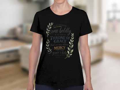 Black t-shirt with "Come boldly to the Throne of Grace" and Hebrews 4:16.